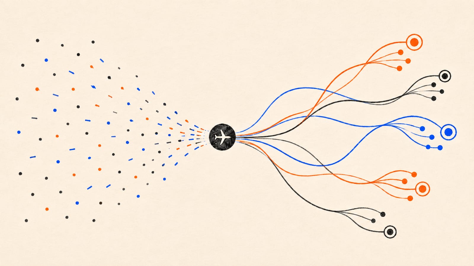 A random series of lines converging into central hubs