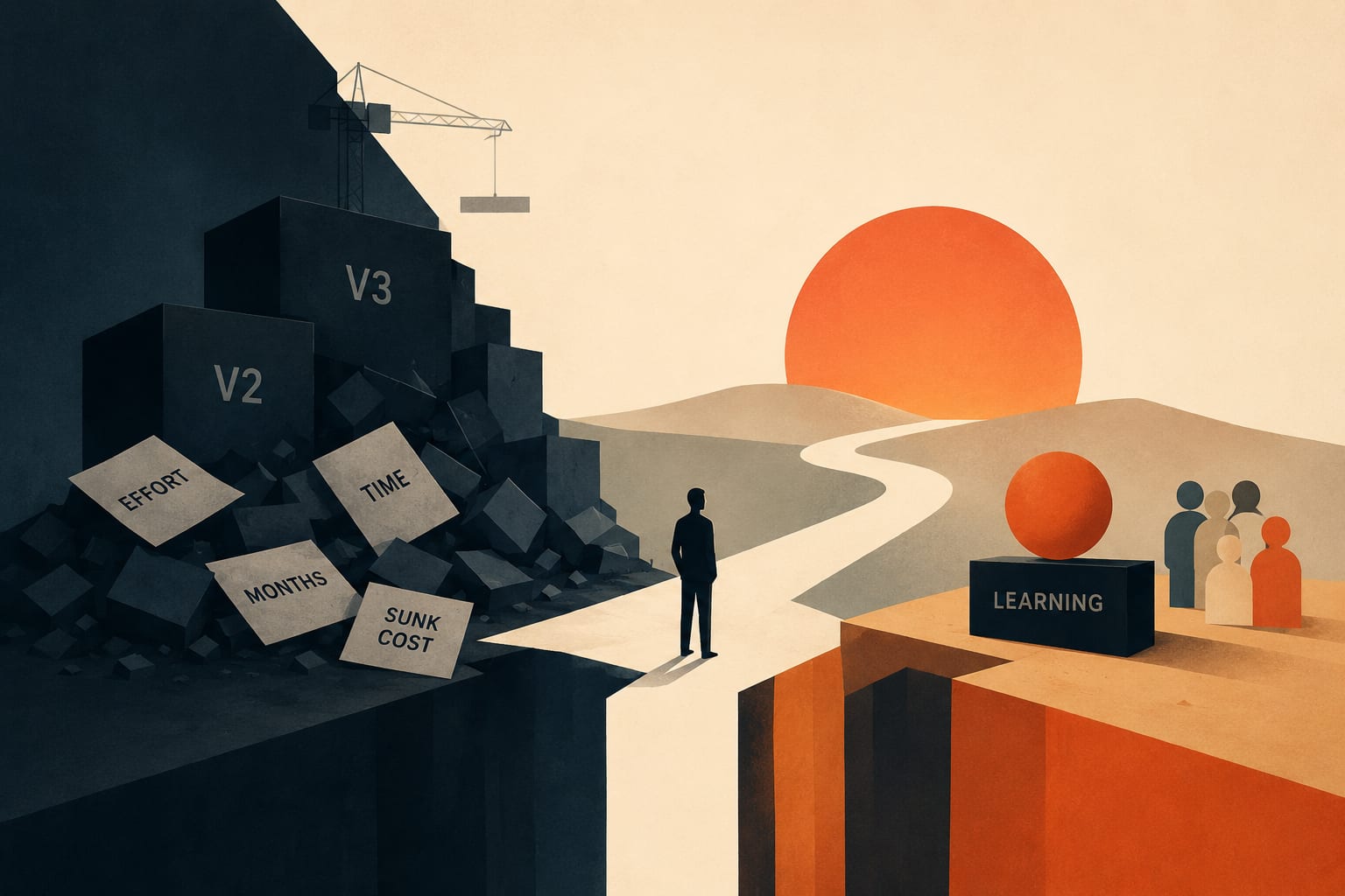 A figure standing between a pile of abandoned work marked sunk cost and a block marked learning